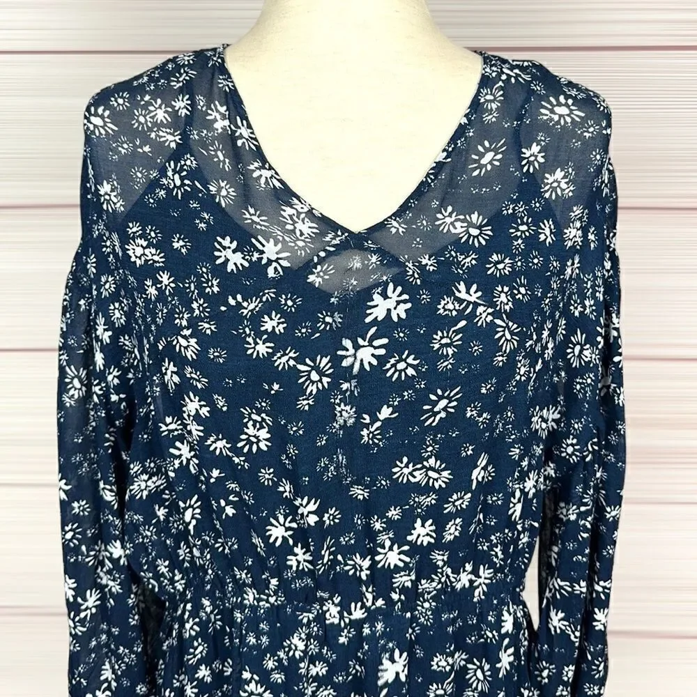 Free People Wallflower Midi Chiffon Dress Navy/White Flared Semi Sheer size S